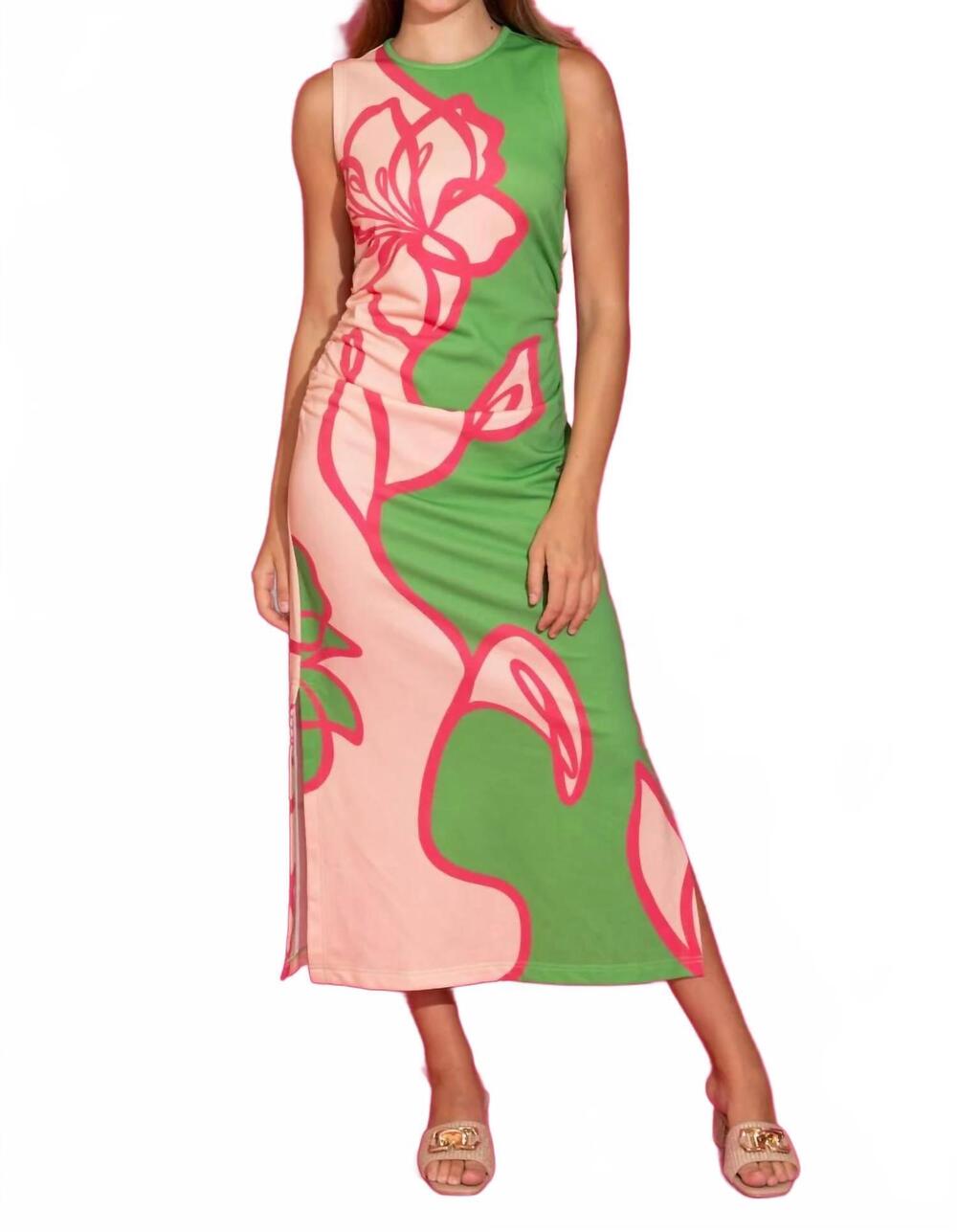 NEW ALDEN ADAIR georgia floral ruched midi dress in green/ pink